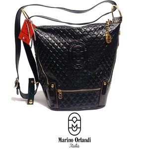 Marino Orlandi Italian Classic Black Embossed Leather Tote Sling Bag